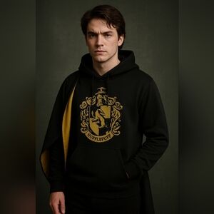 Hufflepuff Black Hoodie Sweatshirt MED NWOT Wizard Theme Crest Graphic HP